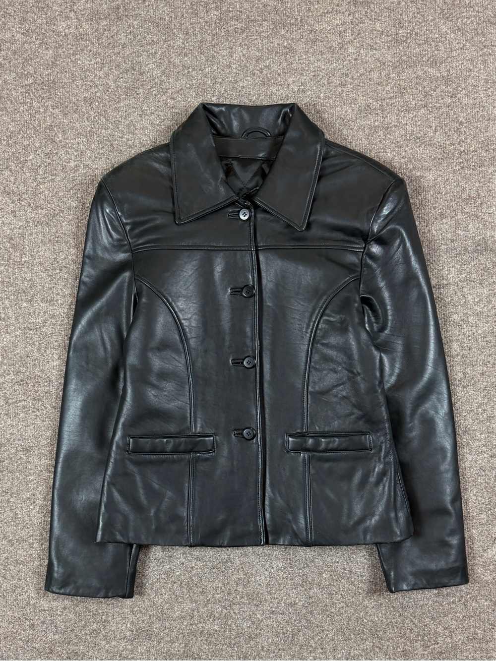 Vintage Black Genuine Leather Button Front Collared Short Jacket Women’s M/L Y2K